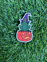 Load image into Gallery viewer, Witch Frog Sitting on Pumpkin Sticker
