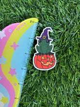 Load image into Gallery viewer, Witch Frog Sitting on Pumpkin Sticker
