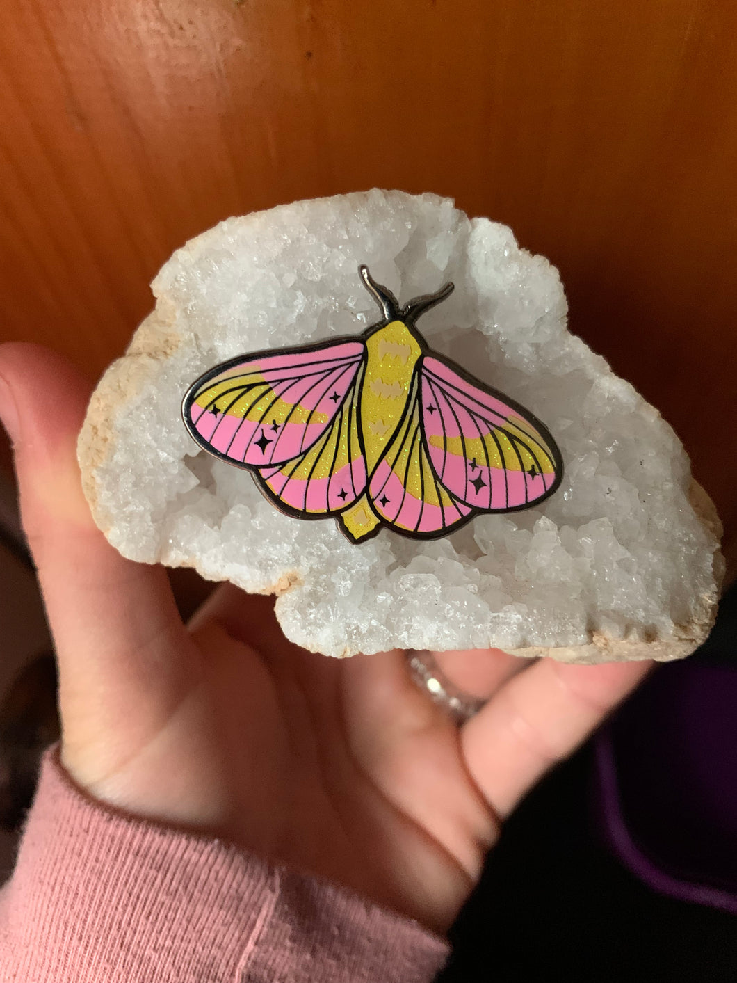 Rosy Maple Moth Enamel Pin